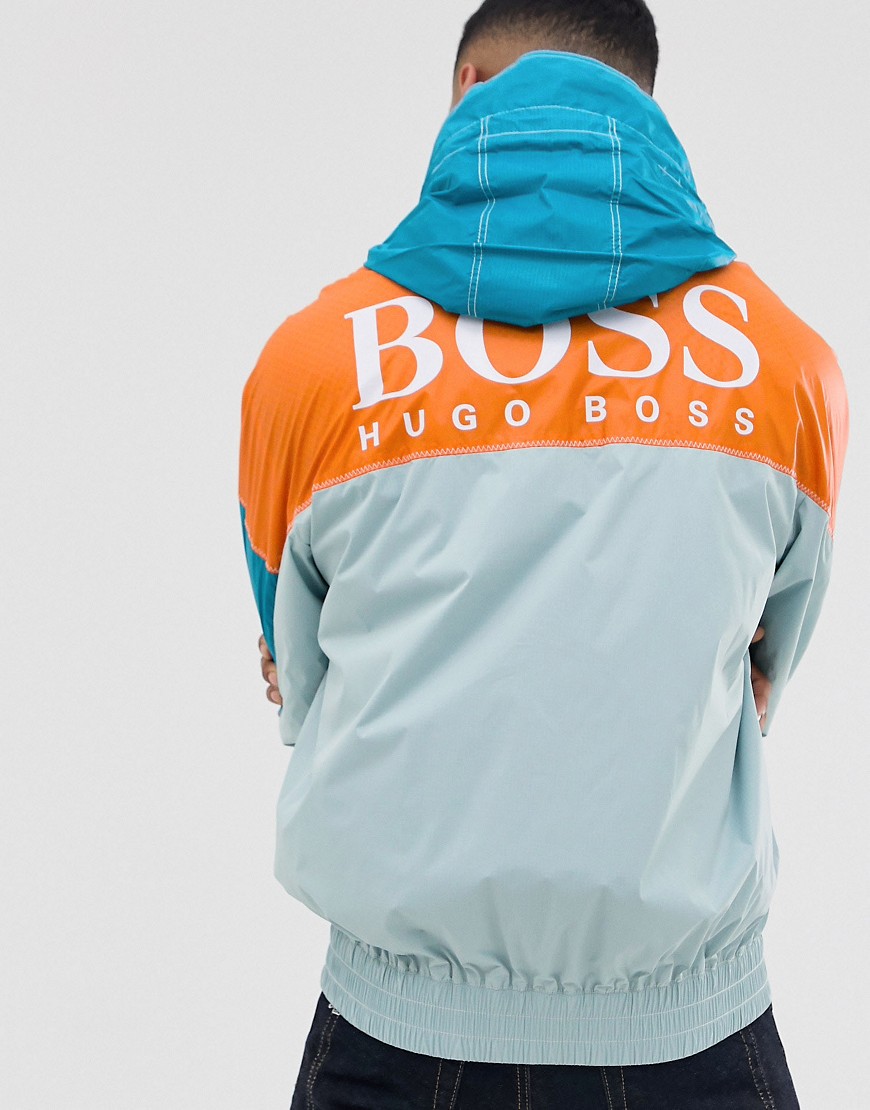 BOSS Oretto colour block back logo ripstop hooded jacket in light green
