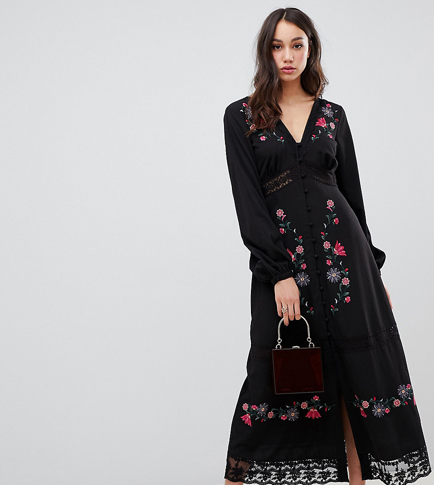 ASOS DESIGN Tall embroidered maxi dress with lace inserts