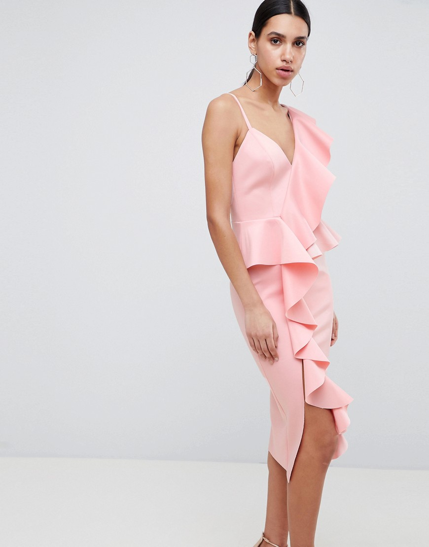 Asos Design Scuba Asymmetric Ruffle Front Midi Dress-pink