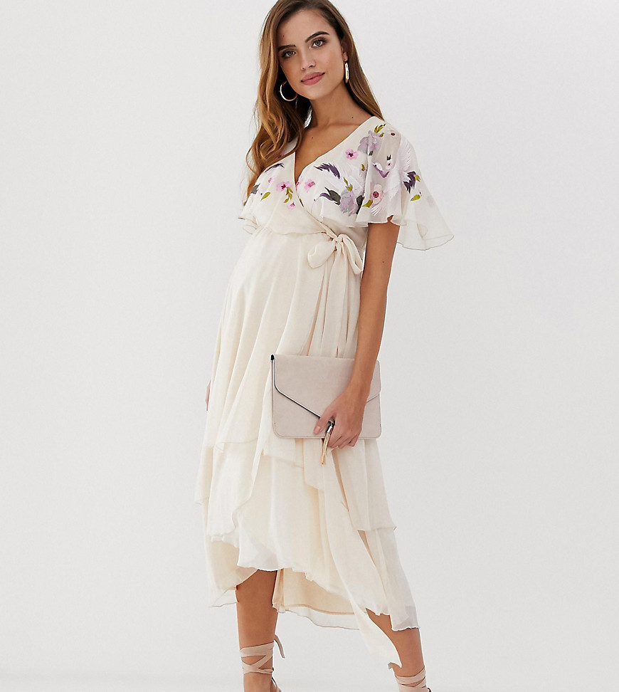 ASOS DESIGN Maternity midi dress with cape back and dipped hem in embroidery