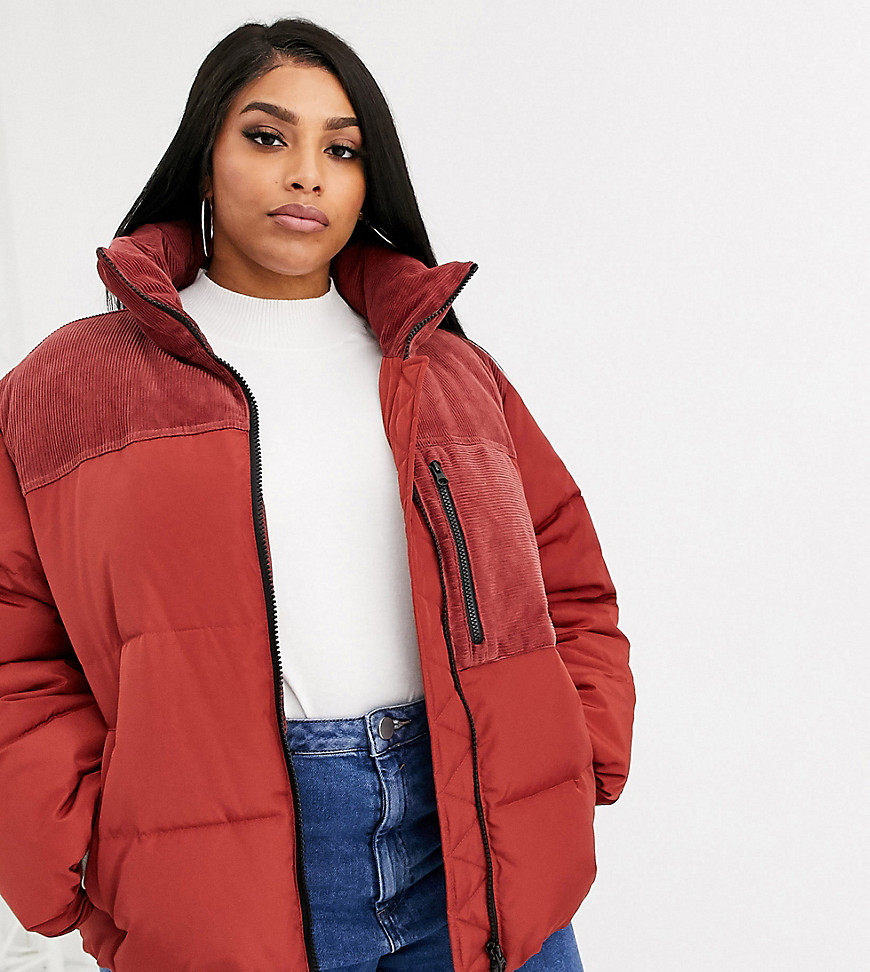 ASOS DESIGN Curve padded jacket with cord patching in red