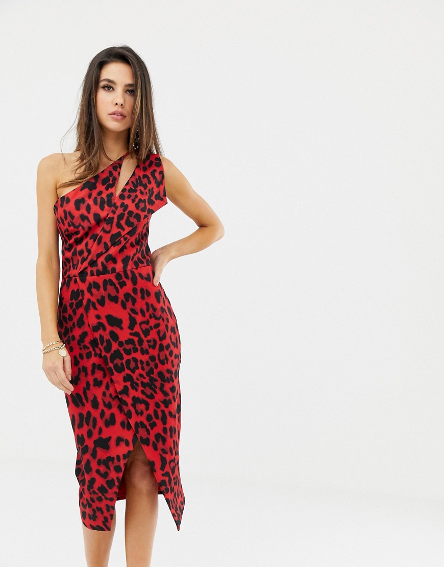 Lavish Alice one shoulder midi wrap dress in leopard print - Red leopard