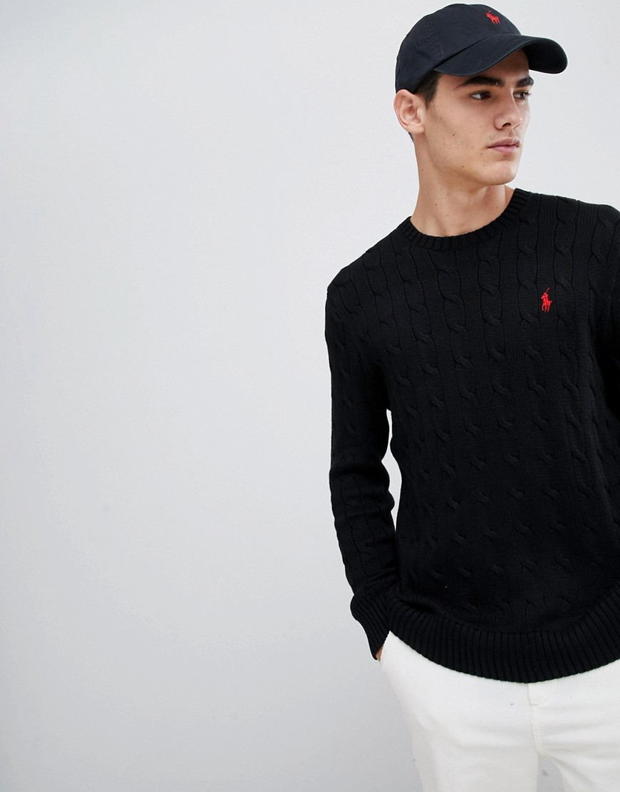 Polo Ralph Lauren cable cotton knit jumper with player logo in black - Polo black