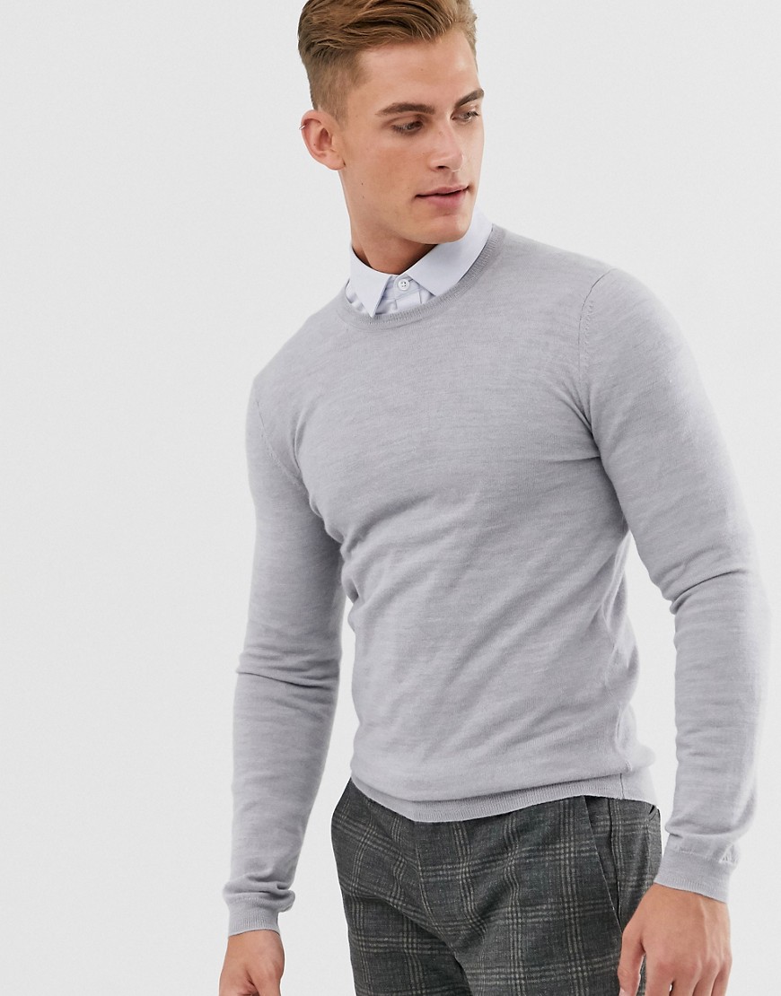 ASOS DESIGN muscle fit merino wool jumper in light grey marl