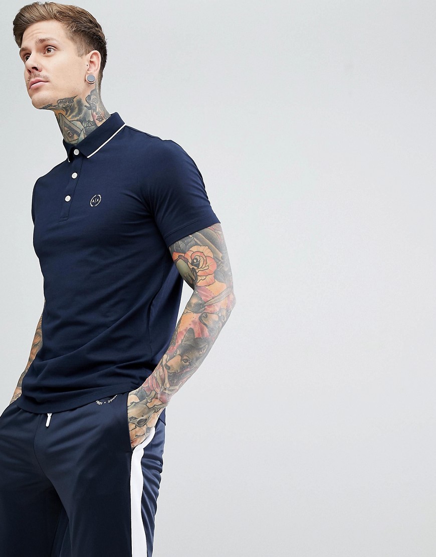 Armani Exchange slim fit tipped collar logo polo in navy