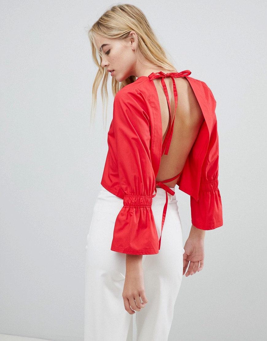 House Of Sunny Open Back Top With Flare Sleeve - Red