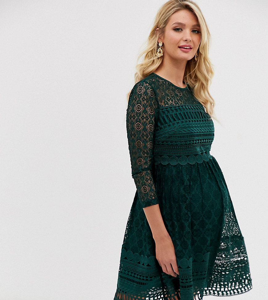 Asos Design Maternity Premium Lace Mini Skater Dress-green
