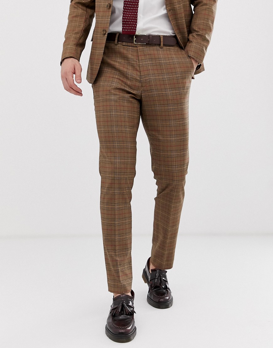 ASOS DESIGN skinny suit trousers in brown prince of wales check
