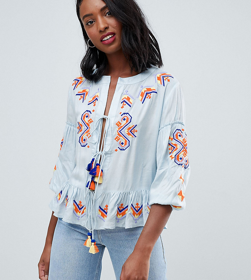 Glamorous Tall smock top with embroidery and tassle ties