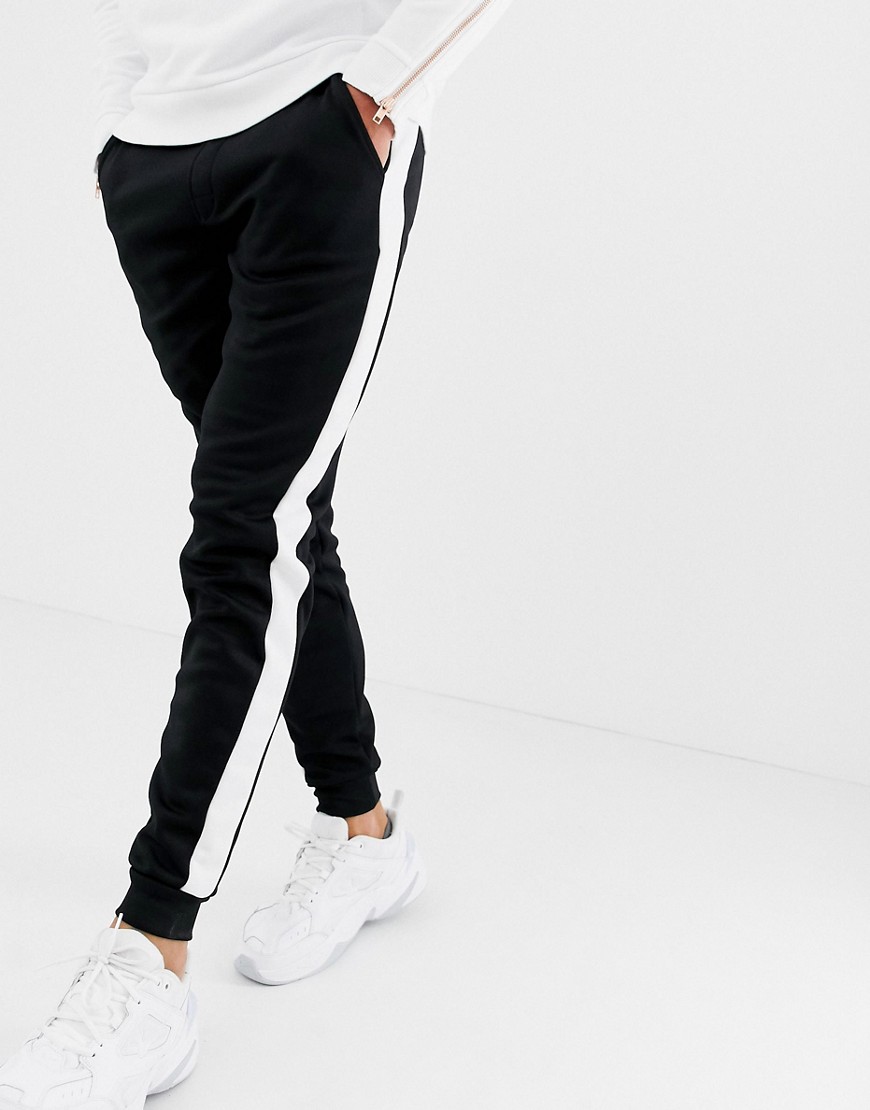 Only & Sons poly side stripe cuffed bottom sweat joggers in black