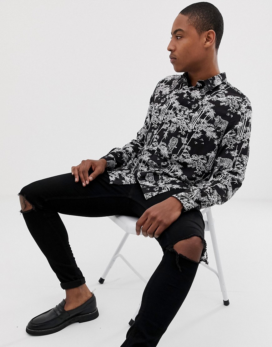 Burton Menswear shirt with tiger print in black