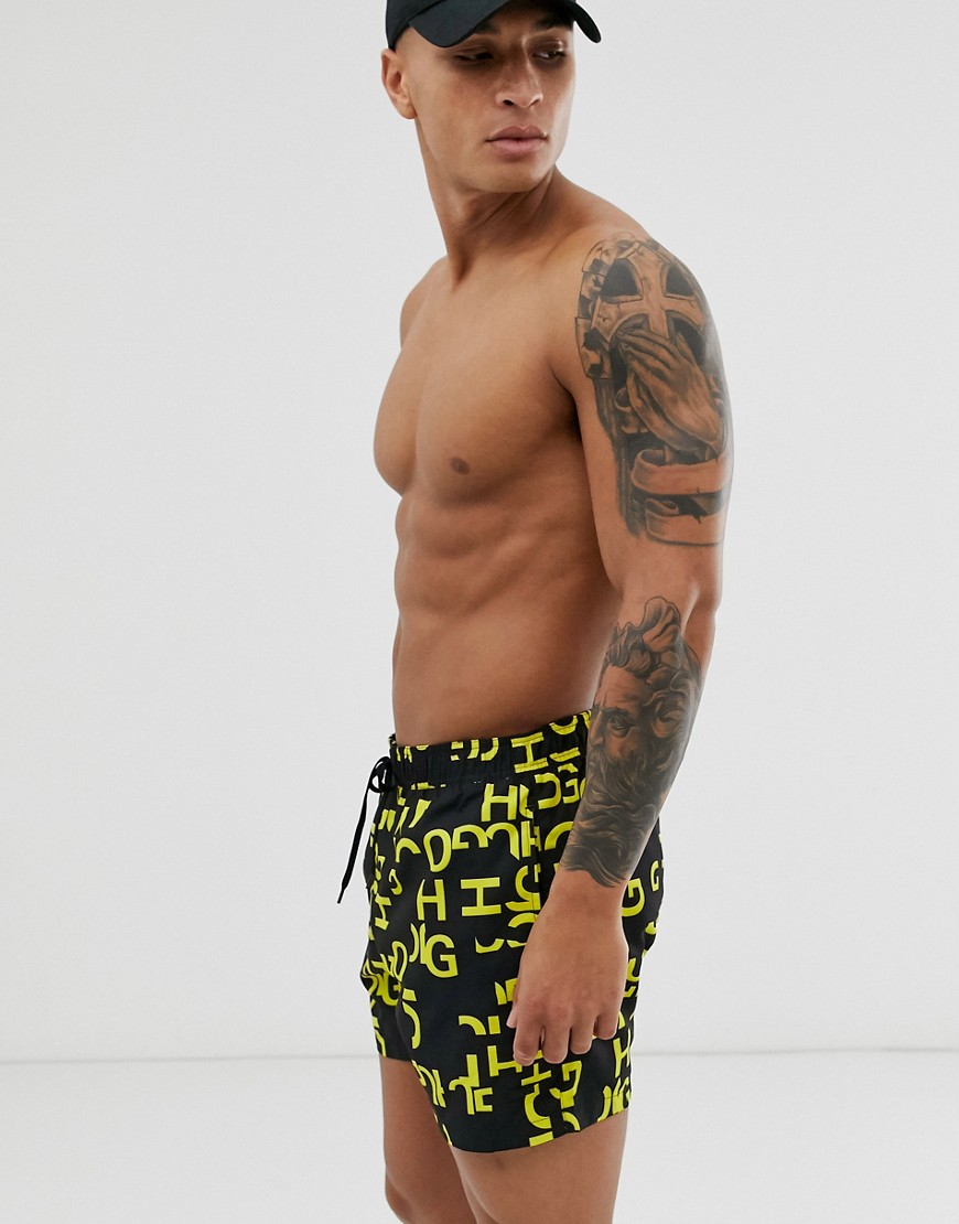 HUGO Acklins logo print swim shorts in black