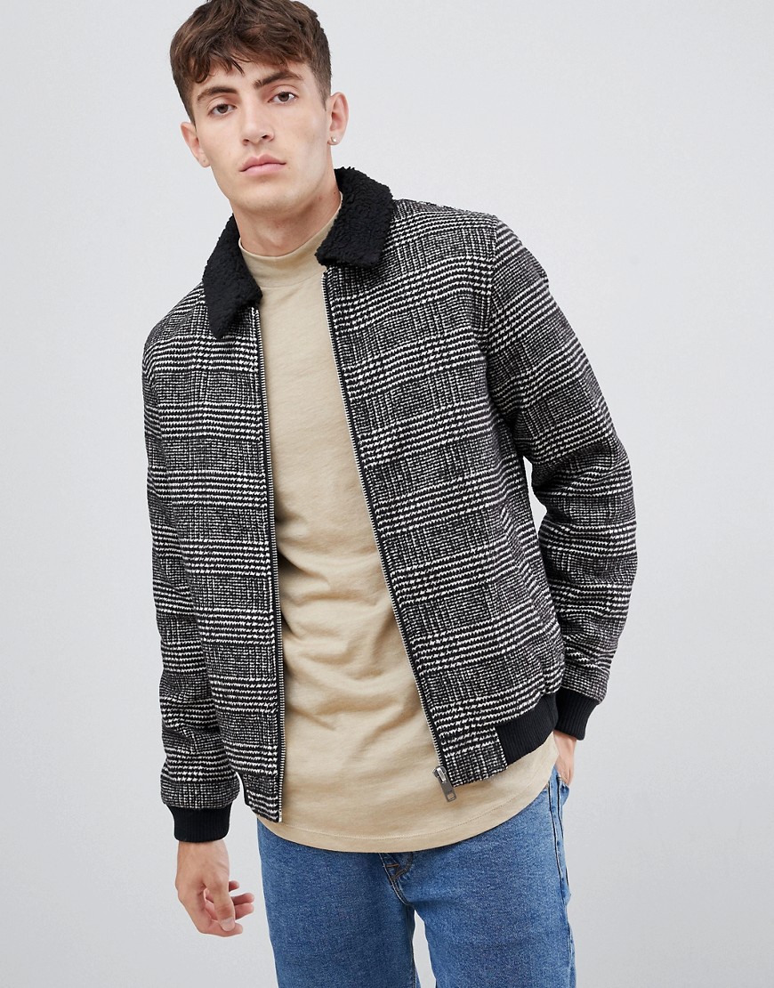Solid borg collar worker jacket in pow check