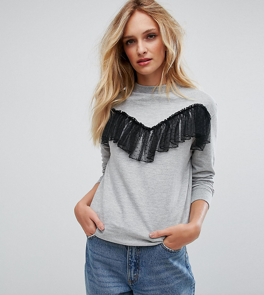 Brave Soul Tall Amelie Sweatshirt With Lace Frill - Grey marl / black