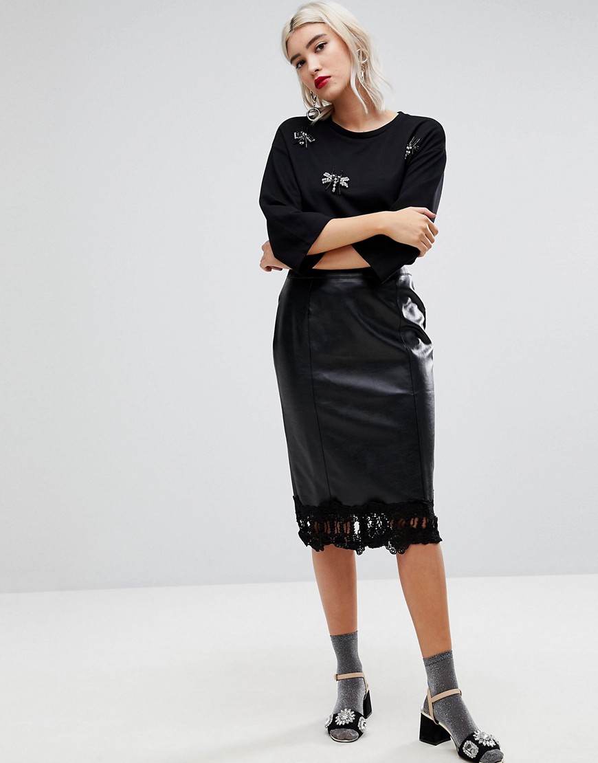 Lost Ink Pencil Skirt In Faux Leather With Lace Trim