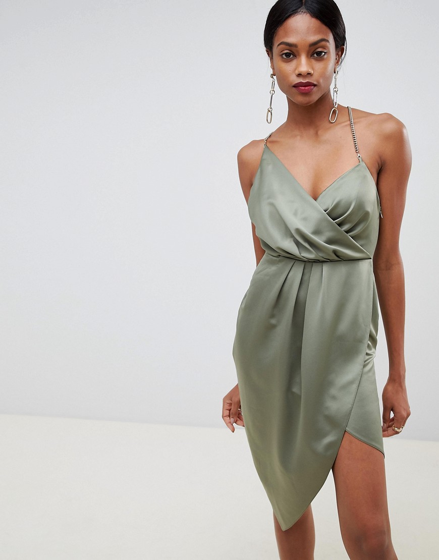 ASOS DESIGN satin wrap dress with chain back