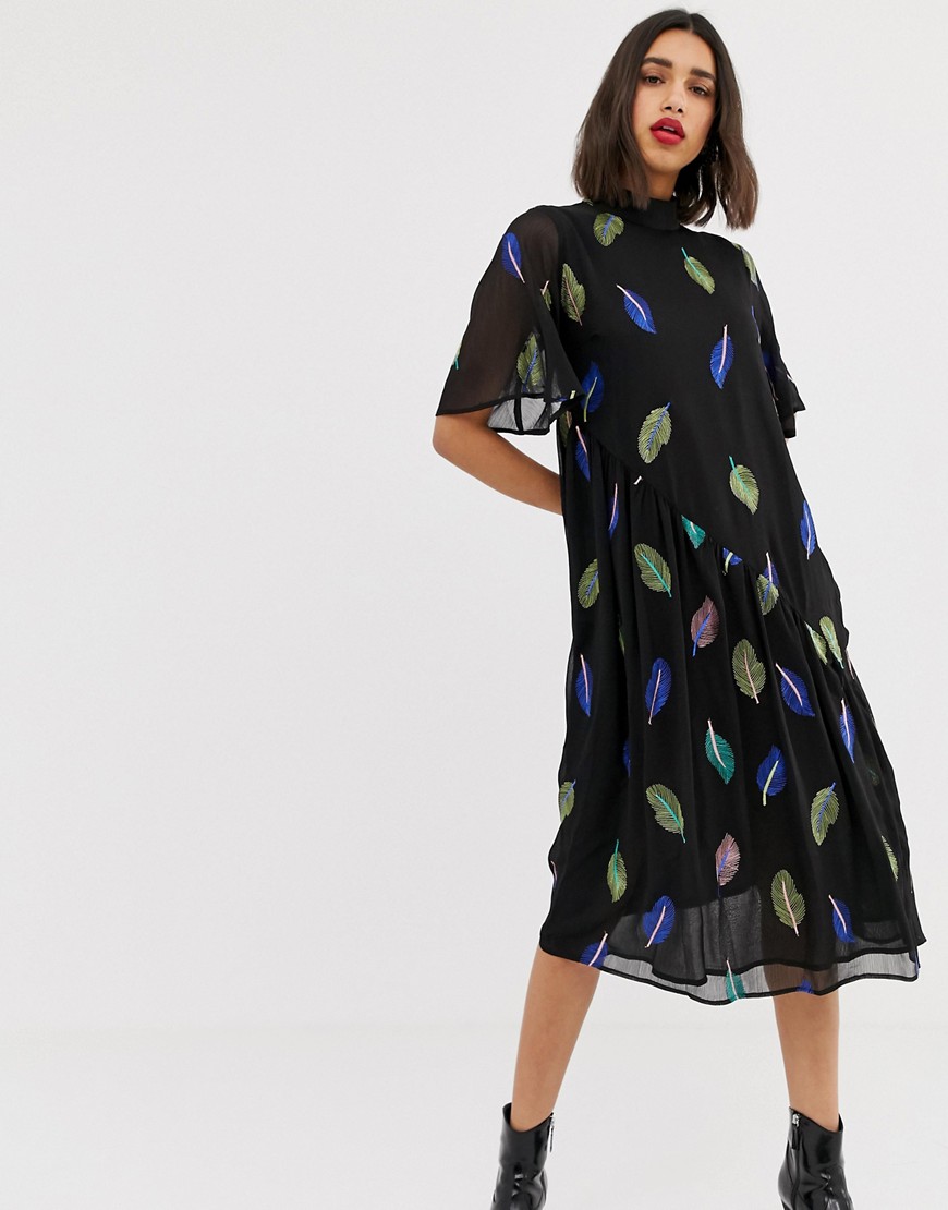 Lost Ink maxi tea dress with high neck with embroidered feather detail