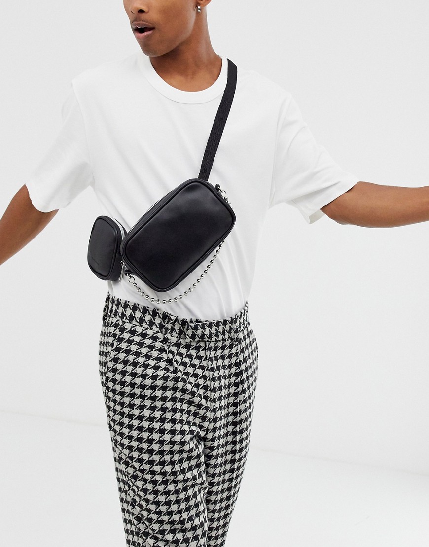 Asos Design Faux Leather Cross Body Fanny Pack With Multi Pockets And Chain In Black