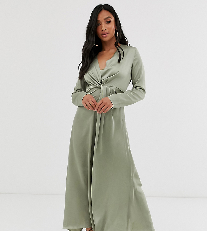 PrettyLittleThing Petite twist front maxi dress in sage green