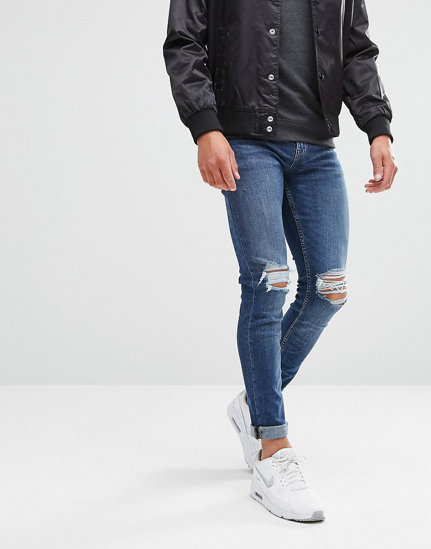 New Look Skinny Jeans With Knee Rip In Mid Blue Wash