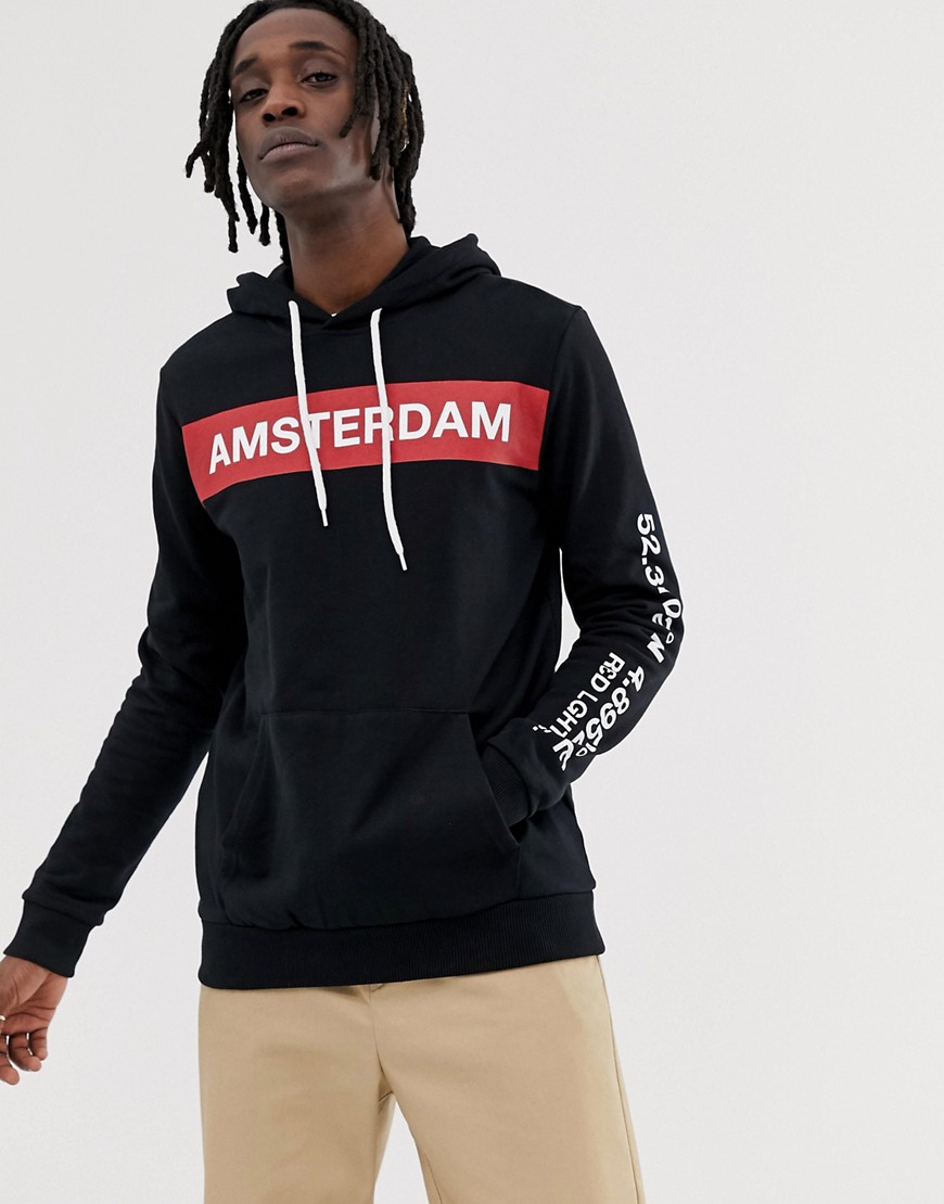 YOURTURN hoodie with Amsterdam chest print in black