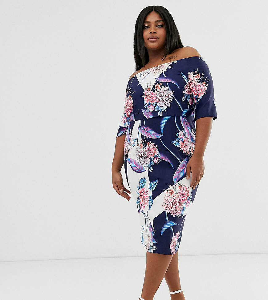 Little Mistress Plus all over floral printed layered bardot pencil dress in multi