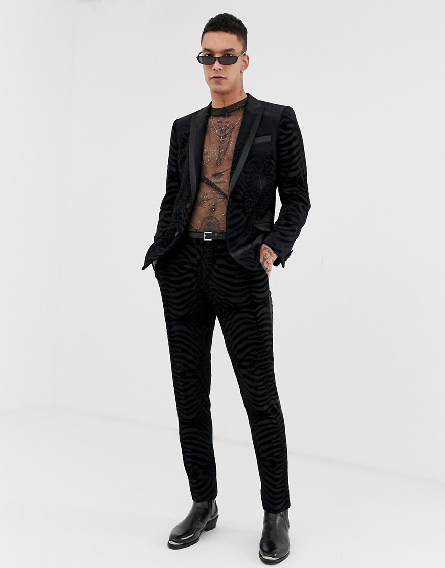 ASOS DESIGN skinny tuxedo suit jacket in black tiger glitter velvet