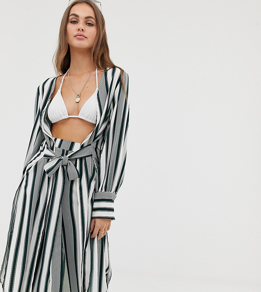 PrettyLittleThing cover up kimono with tie waist in stripe