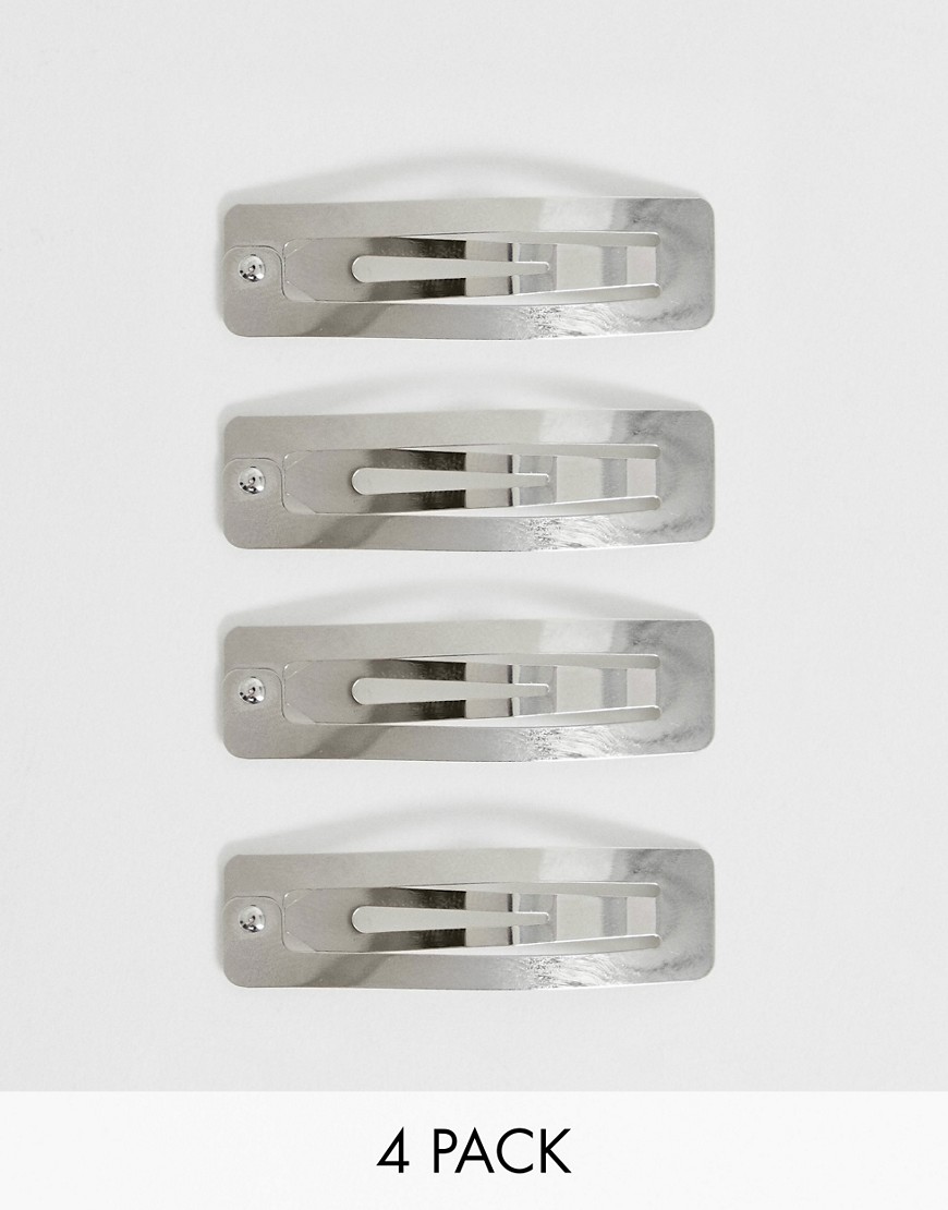 Asos Design Pack Of 4 Square Snap Hair Clips In Silver Tone - Silver