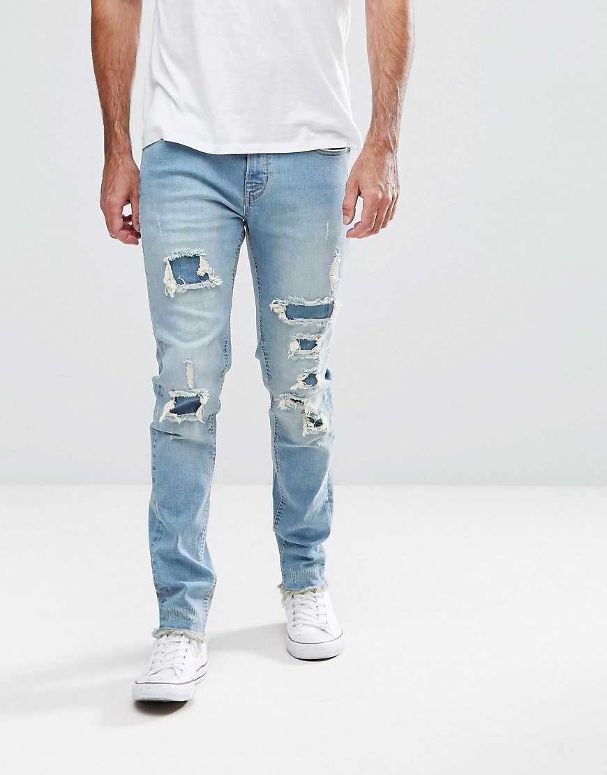 Hoxton Denim Slim Fit Jeans with Heavy Rips - Blue