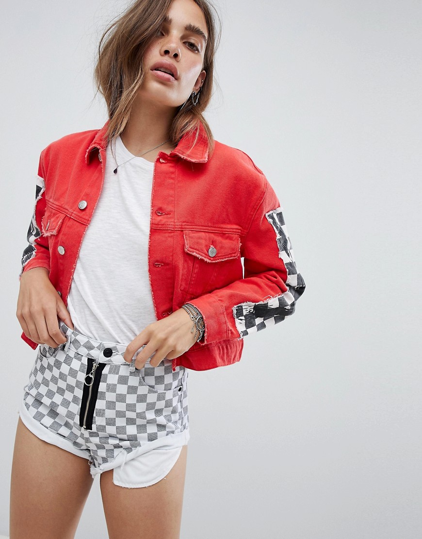 Signature 8 festival red denim jacket with checkerboard sleeve - Red