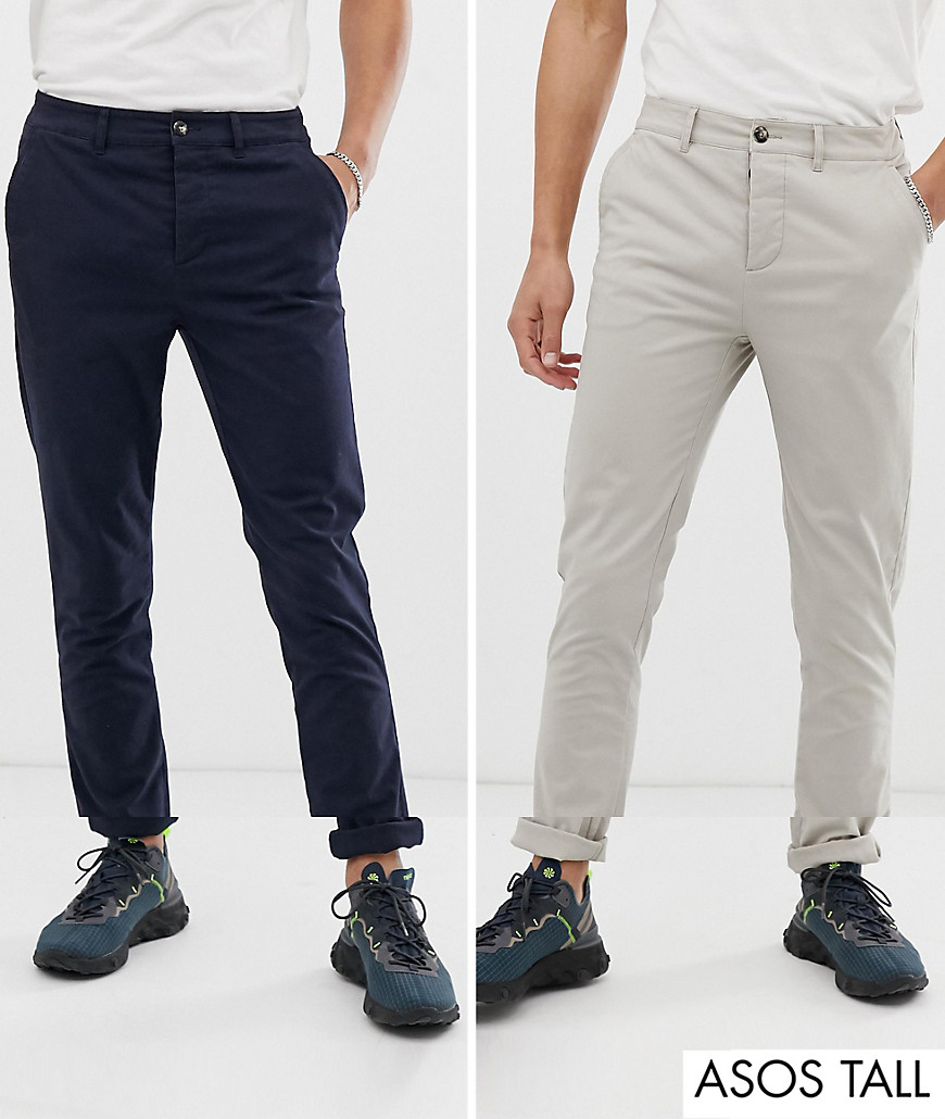 ASOS DESIGN Tall 2 pack skinny chinos in beige & navy save
