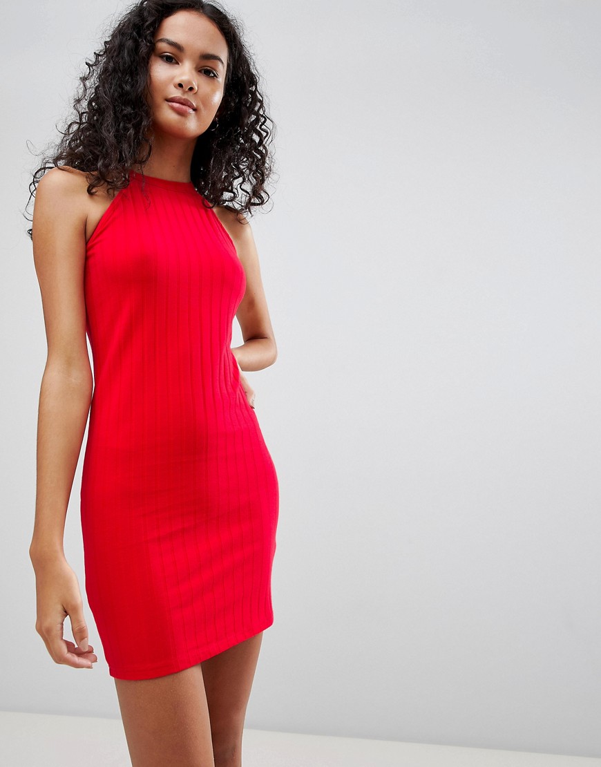 Glamorous Ribbed Bodycon Dress - Red rib