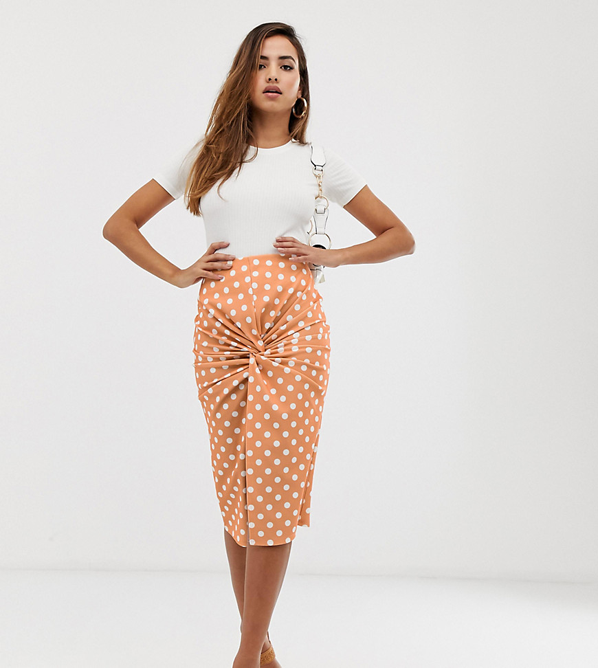 PrettyLittleThing midi skirt with twist front detail in peach polka dot