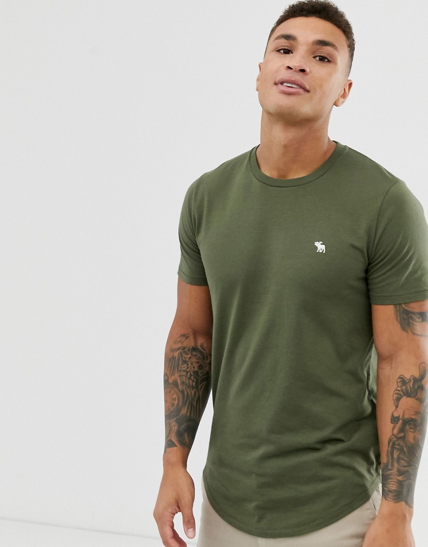 Abercrombie & Fitch icon logo curved hem t-shirt in olive