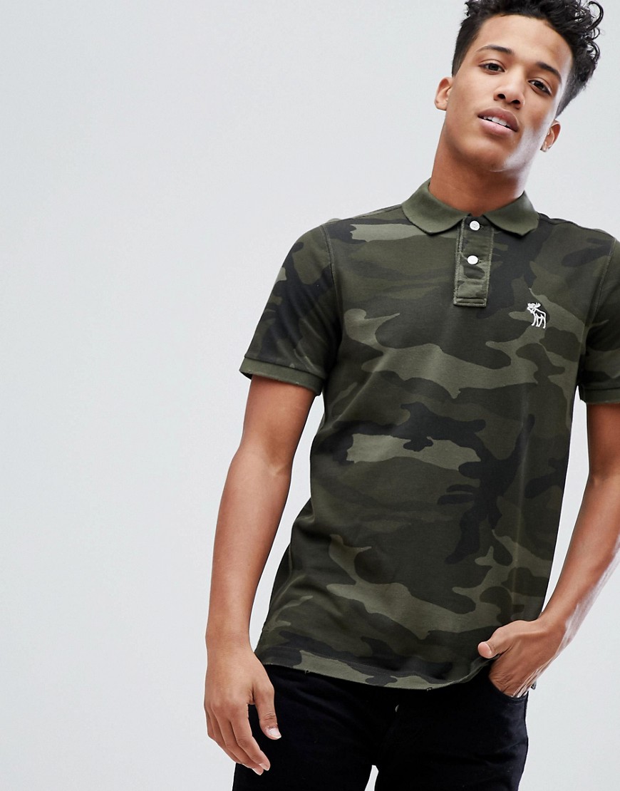 Abercrombie & Fitch Core Slim Fit Polo With Moose Icon in Green Camo