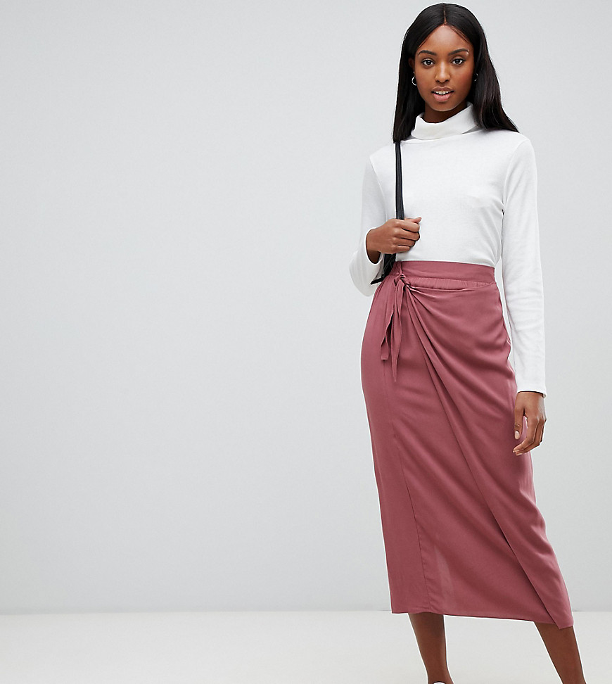 ASOS DESIGN Tall wrap front midi skirt with tie front