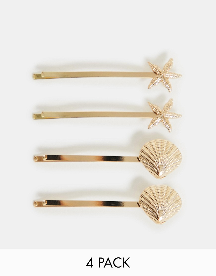ASOS DESIGN pack of 4 hair clips with shell and starfish design in gold