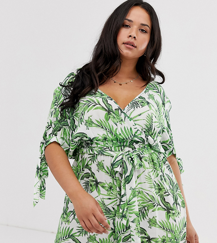 Influence Plus wrap front playsuit in tropical print