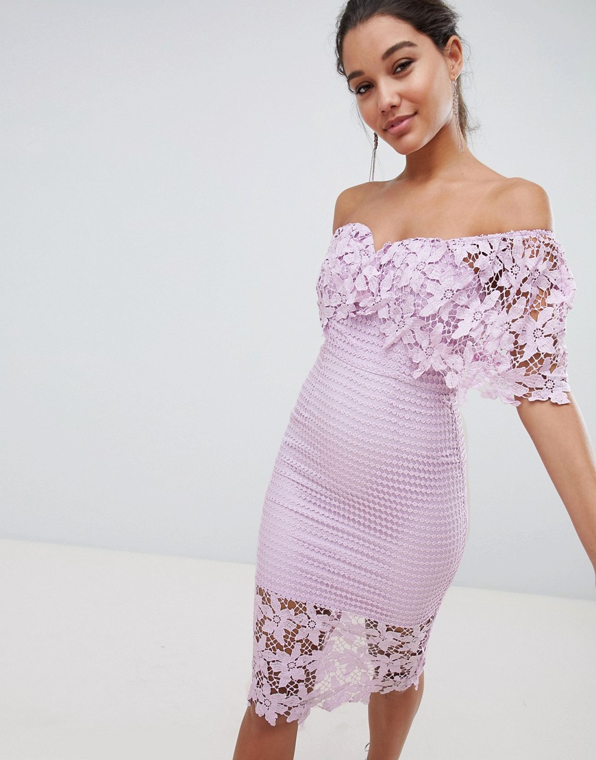 Love Triangle Off The Shoulder Cutwork Lace Pencil Dress - Lilac