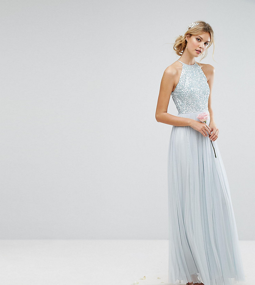 Maya Tall High Neck Maxi Tulle Dress With Tonal Delicate Sequins