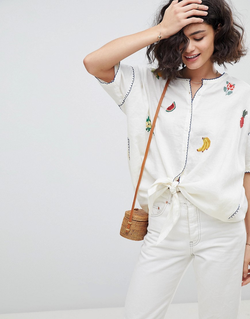Intropia Needlepoint Embroidered Fruit Blouse - Natural