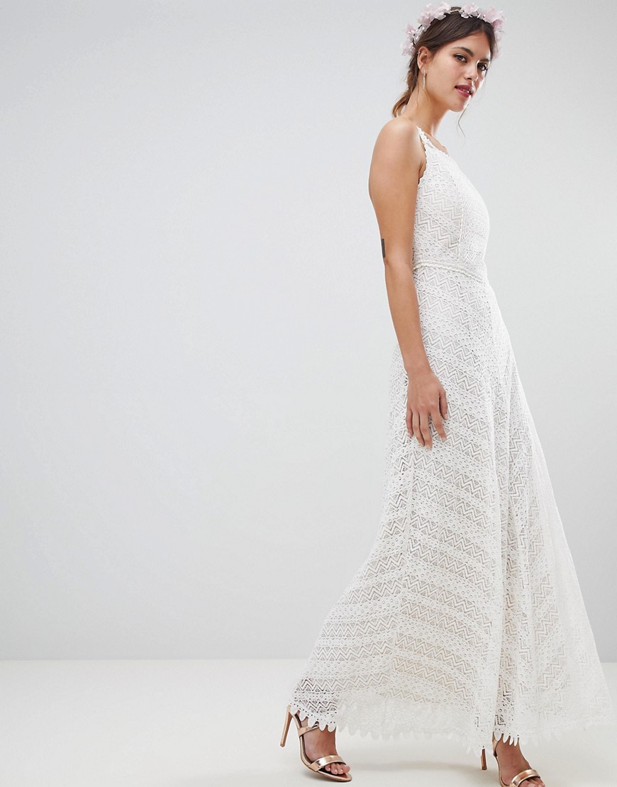 Minuet Racer Neck Maxi Dress With All Over Lace Detail - White