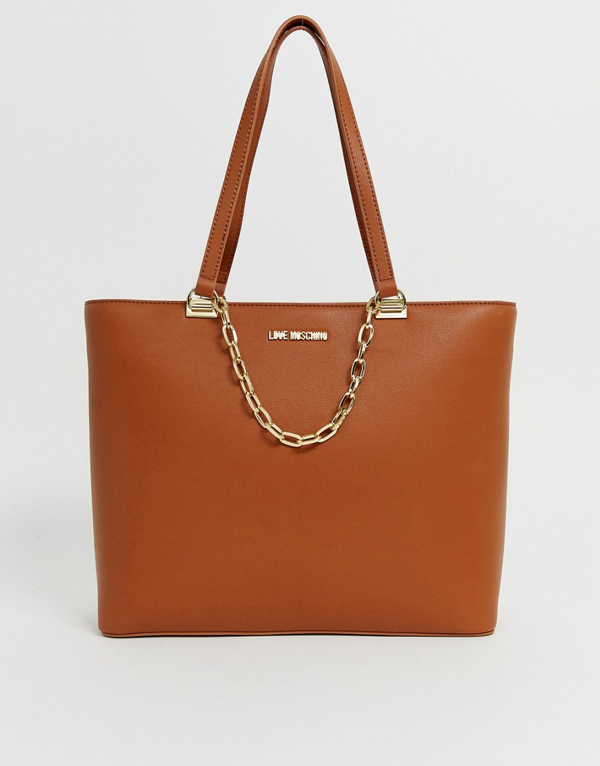 Love Moschino tan tote bag with attached gold chain