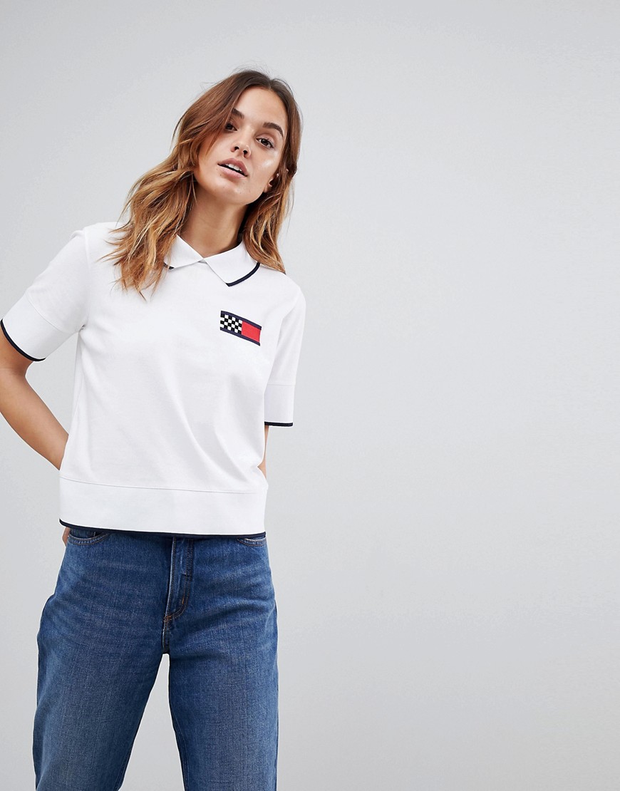 Tommy Hilfiger Crop Polo Shirt With Racing Flag Logo - Classic white