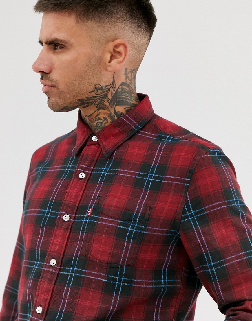 Levi's sunset 1 pocket check flannel shirt in cummings graphite red