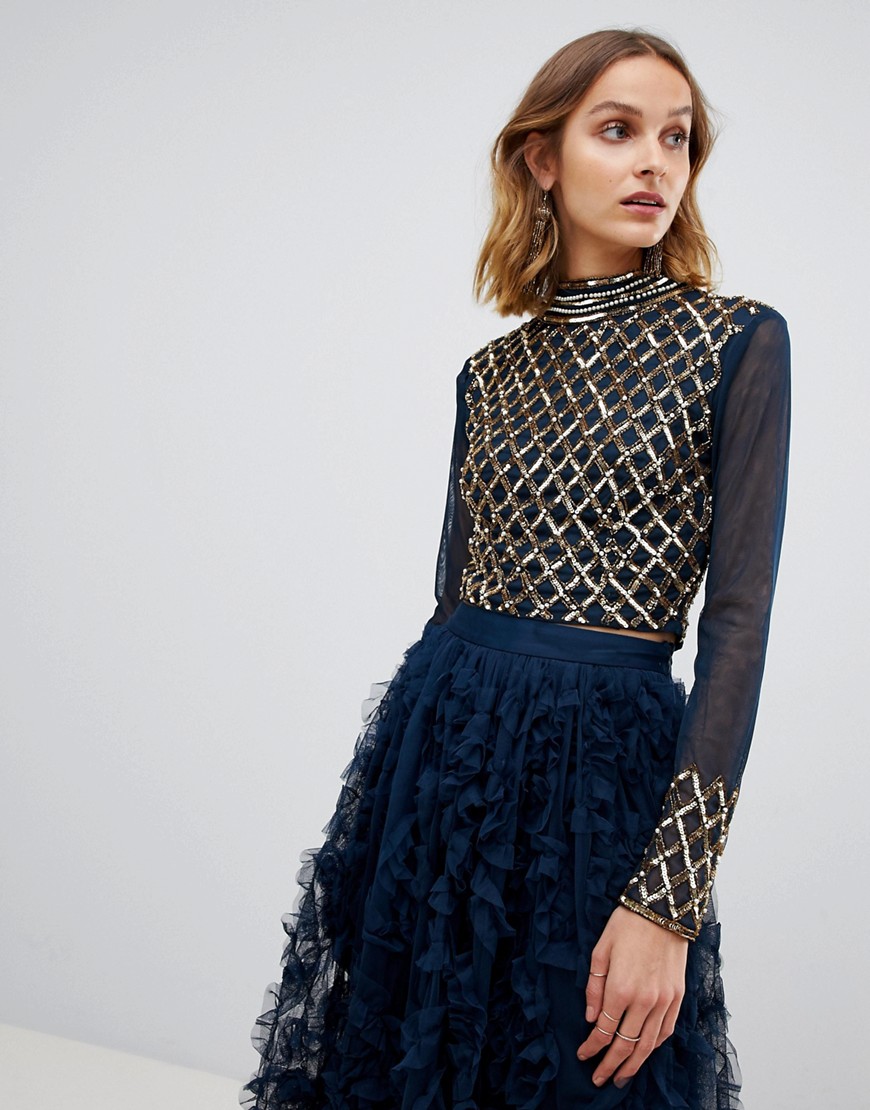Lace & Beads embellished long sleeve crop top with mandarin collar in navy
