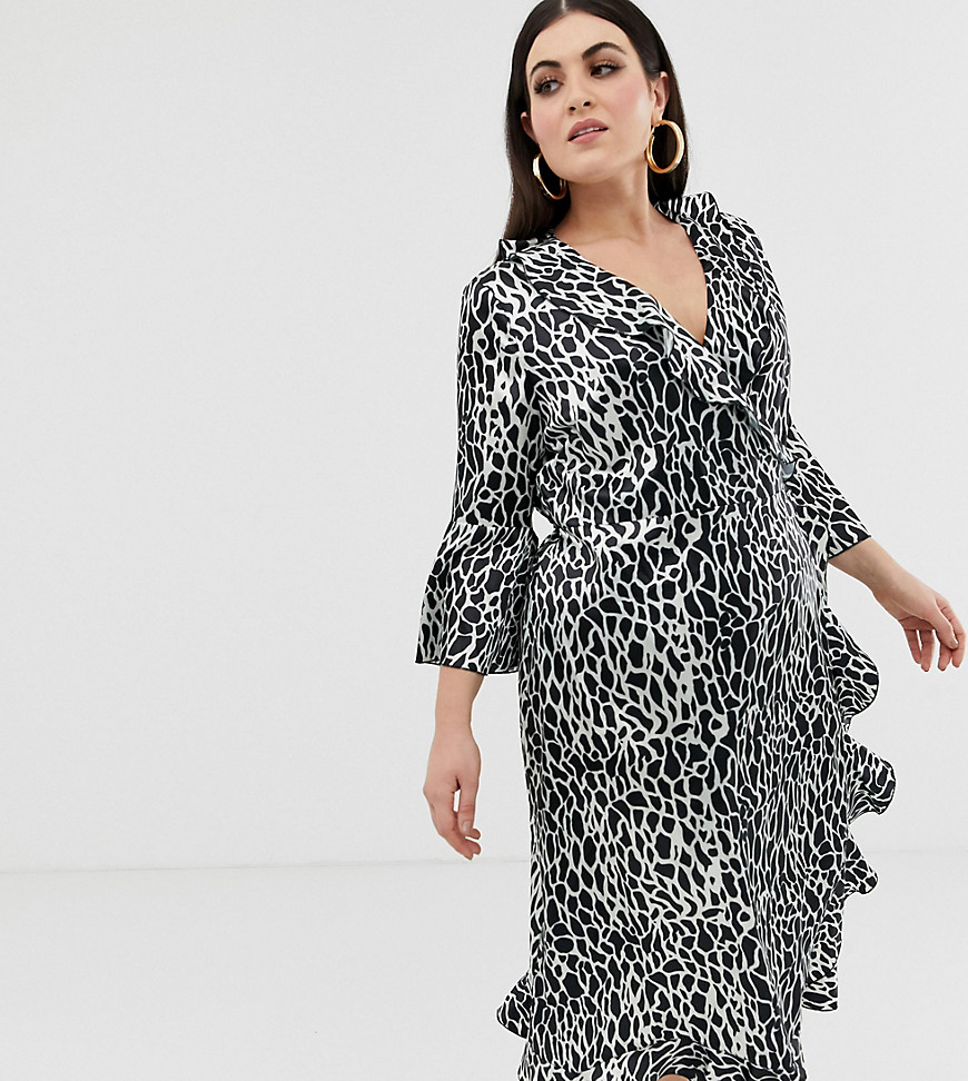 Outrageous Fortune Plus ruffle wrap midi dress with fluted sleeve in giraffe print