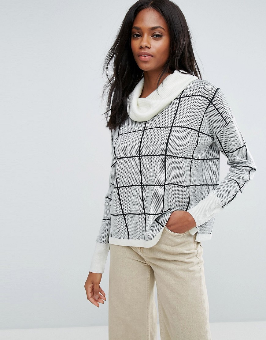 H.One Grid Check Chunky Roll Neck Wool Blend Jumper - Wht combo