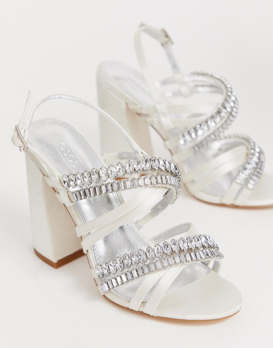 ASOS DESIGN Honeymoon embellished block heeled sandals in ivory